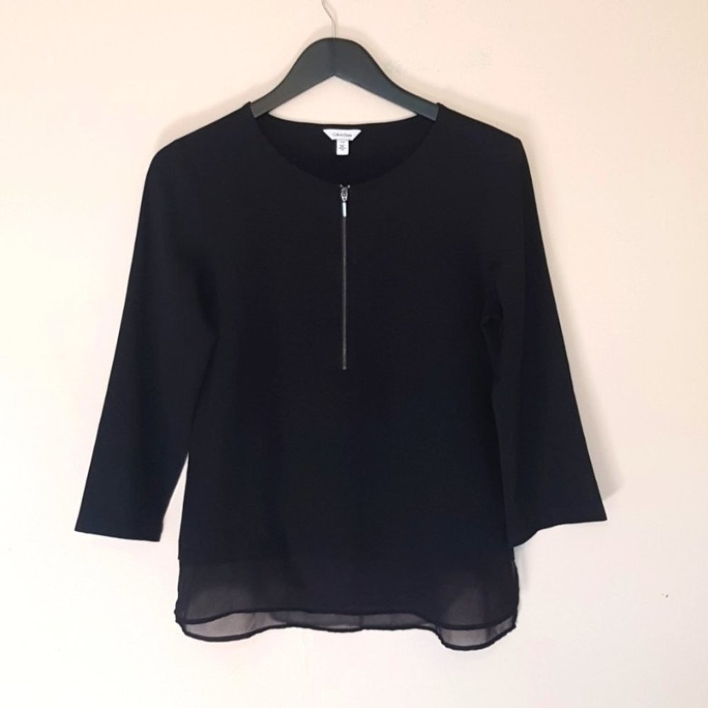 Calvin Klein black  crepe 3/4 zip tunic blouse